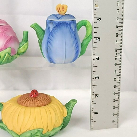 Vintage Set (3) Mini Teapot Set Seasons Flower Spring Sunflower Peony Tulip - Picture 10 of 14